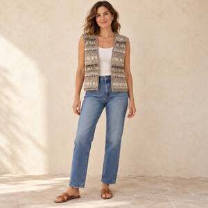 Chico’s Oatmeal Cream Neutral Woven Metallic Knit Boho Crop Vest Size 2 Large